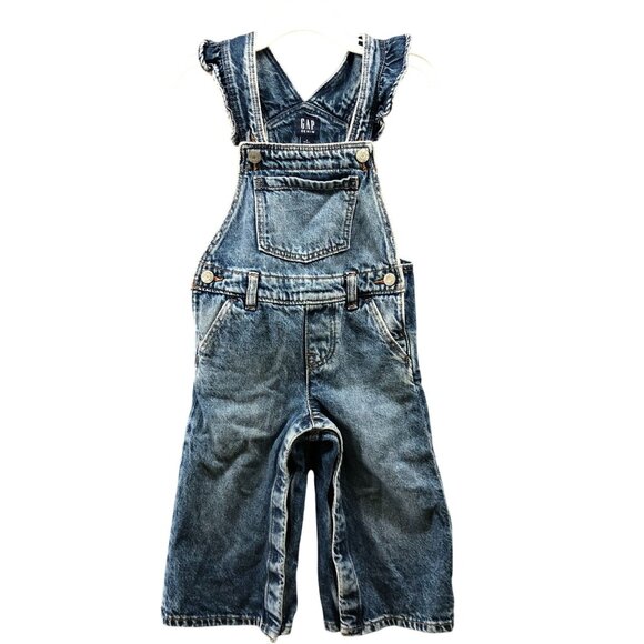 Gap Baby Denim Overalls Girls 2T Blue Ruffle Strap Pockets 100% Cotton - Picture 1 of 8